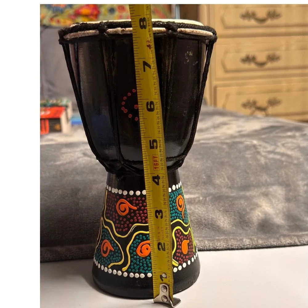 Mini Djembe Drum 8" Wood Hand Made Painted Black Tribal Dot Art Boho Percussion - Picture 4 of 11